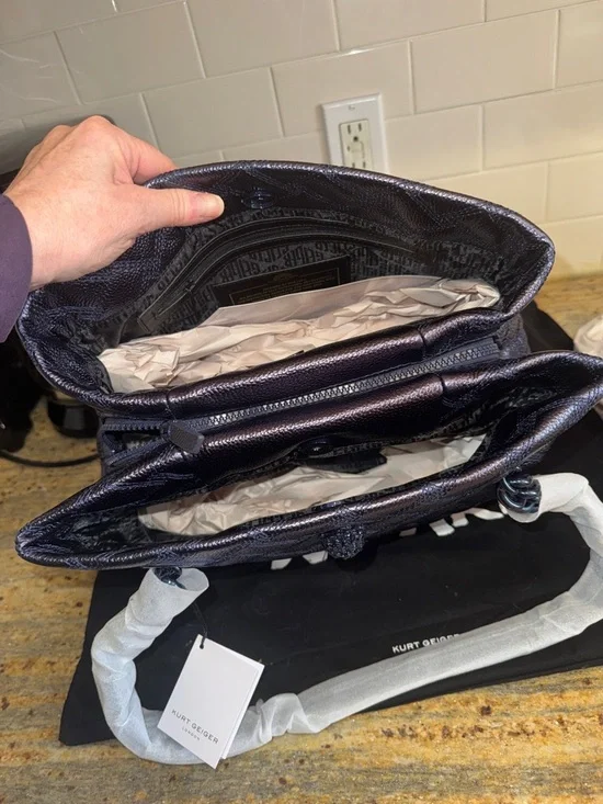 Kurt Geiger Metallic Deep Navy Quilted Tote with Chain-Trim Straps - Picture 9 of 15